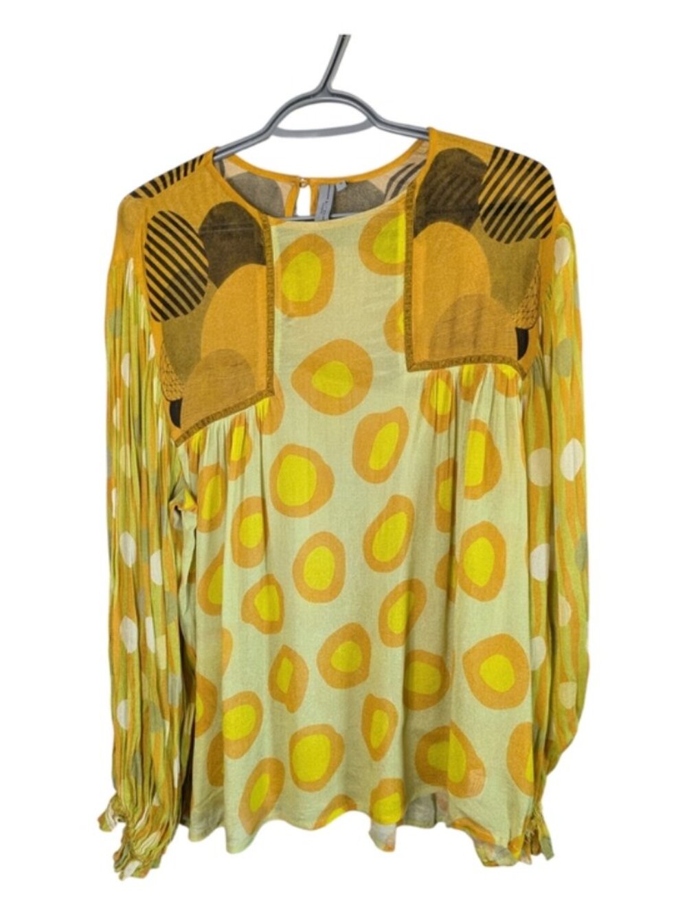 Bl^nk London Anthropologie "Miranda" Peasant Blouse Yellow Abstract Artsy Sz‎ XL